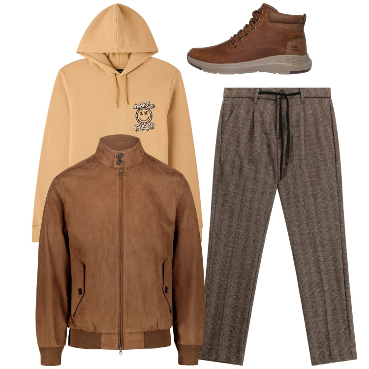 Outfit uomo - Caramel. Stile Casual per Tutti i giorni. Abbinamento con felpe con cappuccio, pantaloni, stivali e stivaletti, giacche.