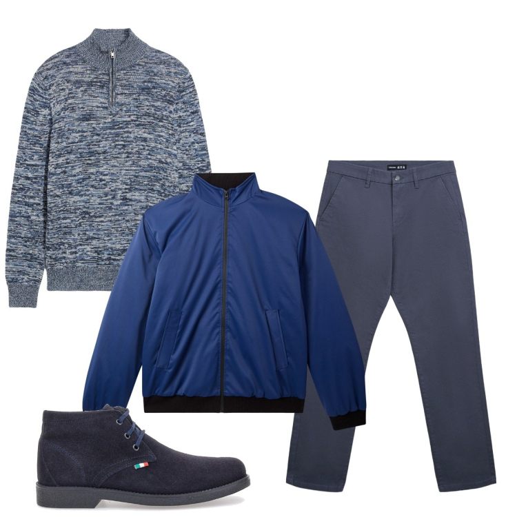 Outfit uomo - Blu day. Stile Casual per Tutti i giorni. Abbinamento con maglieria, giacche, pantaloni chino, scarpe stringate.