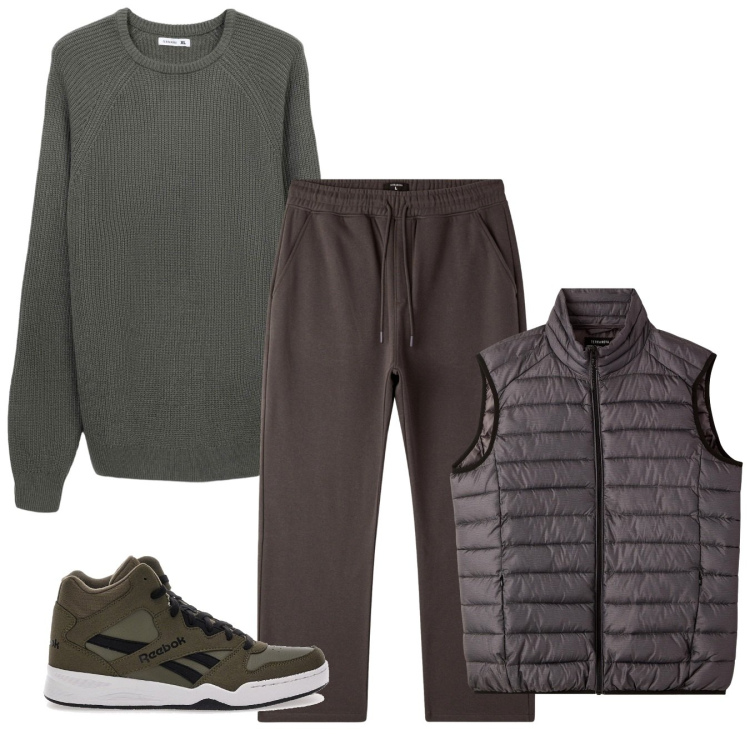 Outfit uomo - Over. Stile Trendy per Tutti i giorni. Abbinamento con piumini, maglieria, pantaloni, sneakers.