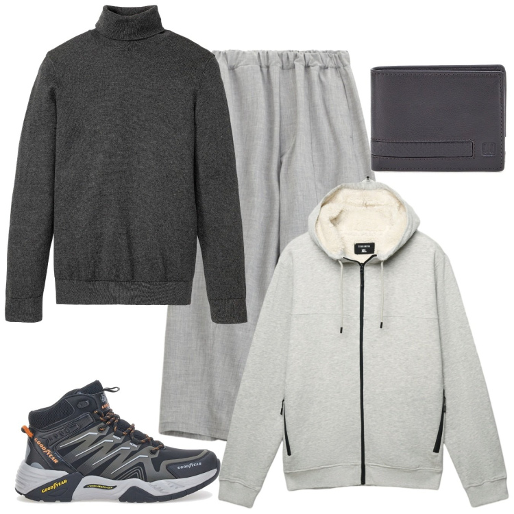 Outfit uomo - Appena fuori casa. Stile Urban per Tutti i giorni. Abbinamento con maglieria, felpe con cappuccio, pantaloni, portafogli, sneakers.