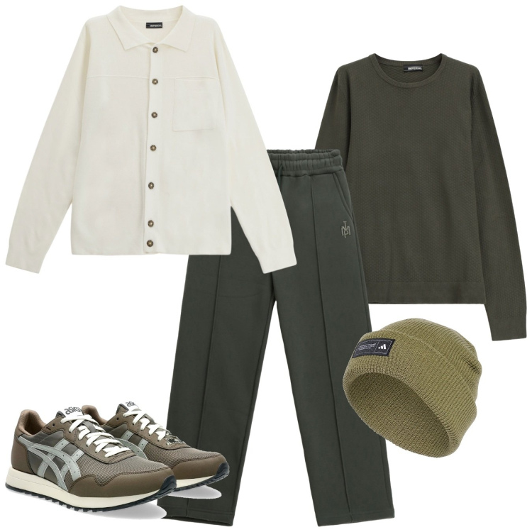 Outfit uomo - Verde oliva. Stile Casual per Tutti i giorni. Abbinamento con pantaloni, maglieria, cardigans, berretti, sneakers.