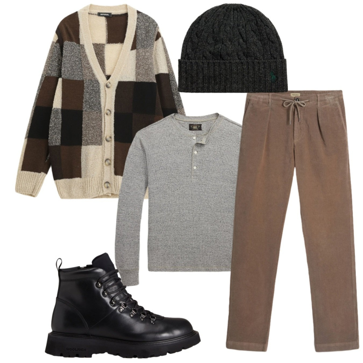 Outfit uomo - Come un patchwork. Stile Casual per Tutti i giorni. Abbinamento con cardigans, berretti, t-shirt, pantaloni, stivali e stivaletti.