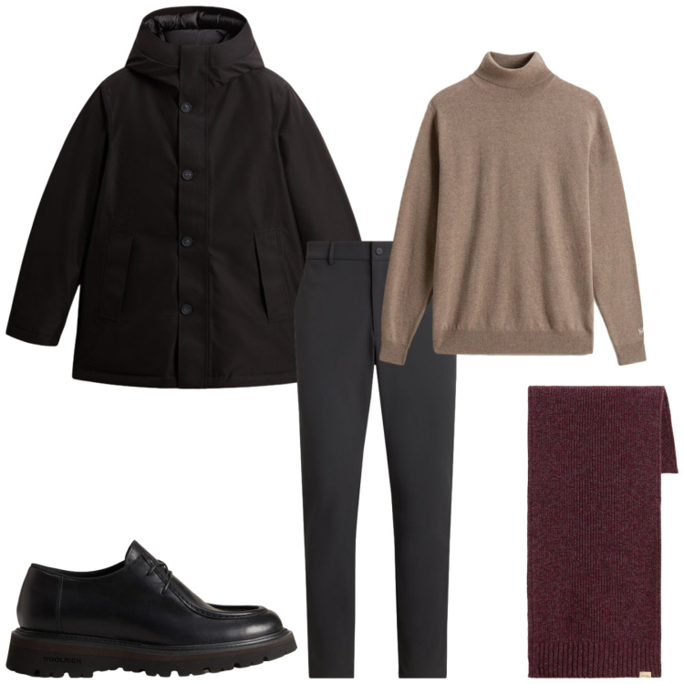 Outfit uomo - Total look #2280306. Stile Casual per Tutti i giorni. Abbinamento con pantaloni, maglieria, scarpe stringate, parka, sciarpe.