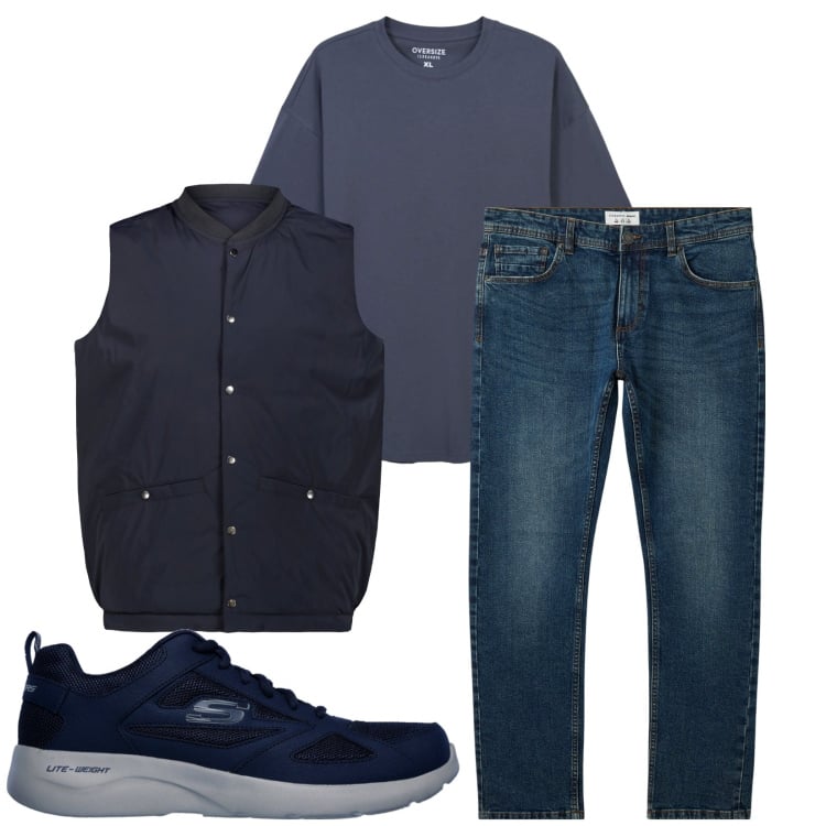 Outfit uomo - Total look #2280320. Stile Casual per Tutti i giorni. Abbinamento con jeans, t-shirt, sneakers, gilet.