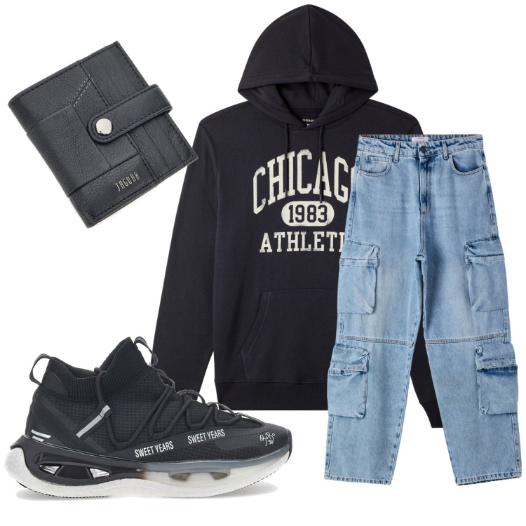 Outfit uomo - Total look #2280321. Stile Urban per Tutti i giorni. Abbinamento con felpe con cappuccio, jeans, sneakers, portafogli.