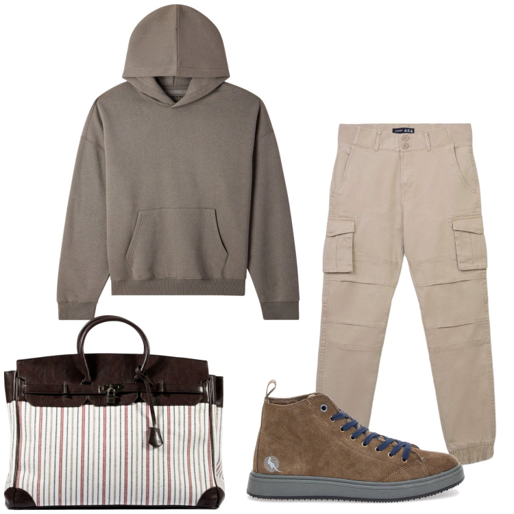 Outfit uomo - Total look #2280325. Stile Trendy per Sport. Abbinamento con pantaloni cargo, felpe con cappuccio, sneakers, borse sportive.