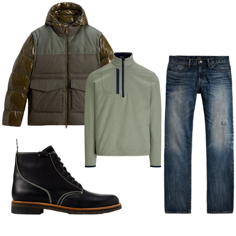 Outfit uomo - Total look #2280364. Stile Casual per Tutti i giorni. Abbinamento con pullovers, jeans dritti, stivali, piumini.