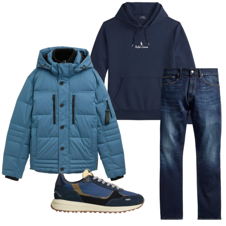 Outfit uomo - Total look #2280367. Stile Casual per Tutti i giorni. Abbinamento con piumini, jeans, felpe con cappuccio, sneakers.