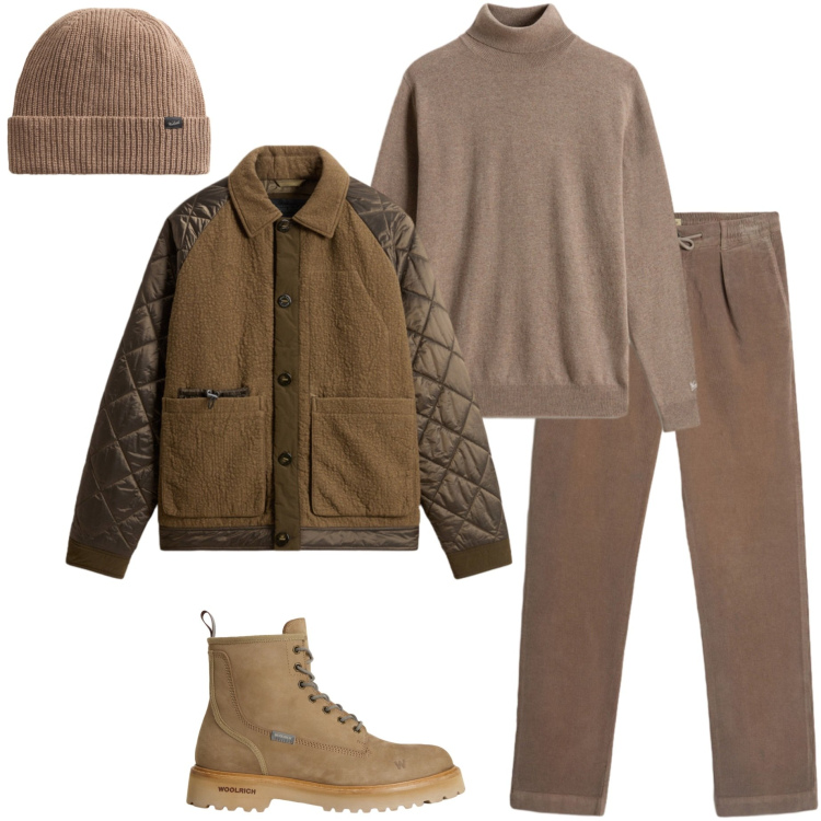 Outfit uomo - Woolrich tono su tono. Stile Urban per Tutti i giorni. Abbinamento con pantaloni, maglieria, anfibi, giacche, berretti.