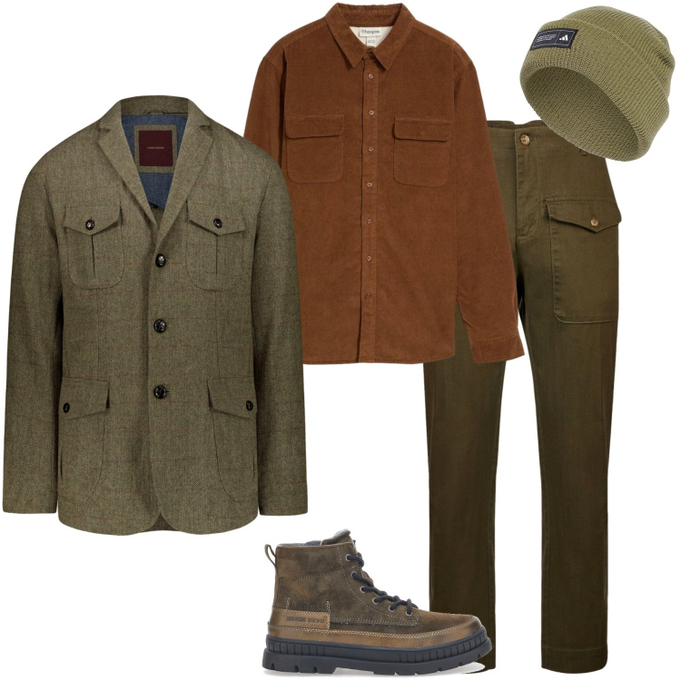 Outfit uomo - Weekend in campagna. Stile Casual per Tutti i giorni. Abbinamento con camicie, stivali e stivaletti, berretti, pantaloni, giacche.