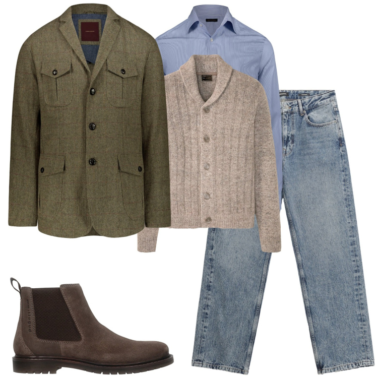Outfit uomo - Novembre british. Stile Urban per Tutti i giorni. Abbinamento con cardigans, jeans dritti, stivali e stivaletti, giacche, camicie.