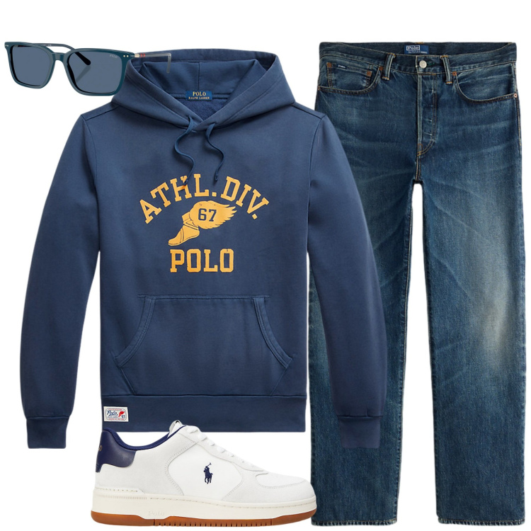 Outfit uomo - Novembre. Stile Casual per Tutti i giorni. Abbinamento con occhiali da sole, jeans dritti, sneakers, felpe.