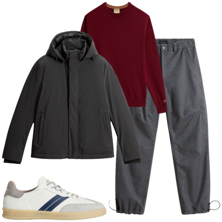 Outfit uomo - Woolrich. Stile Casual per Tutti i giorni. Abbinamento con sneakers, pantaloni, maglieria, giacche.