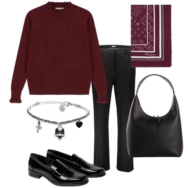 Outfit donna - Total look #2280406. Stile Basic per Ufficio. Abbinamento con shopping bag, maglieria, braccialetti, pantaloni, mocassini, foulard.