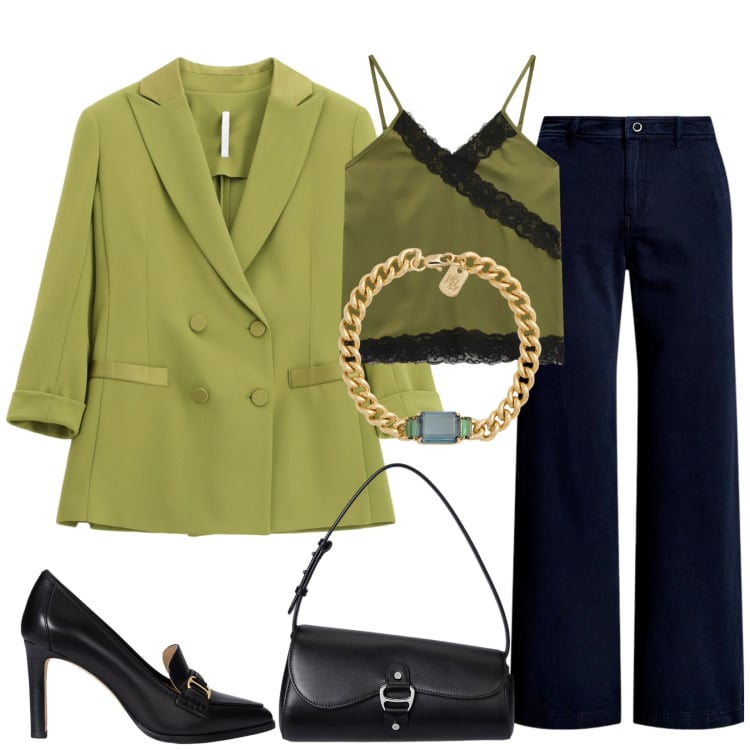 Outfit donna - Total look #2280412. Stile Chic per Serata fuori. Abbinamento con blazer, top, décolleté, pantaloni, borse a spalla, braccialetti.