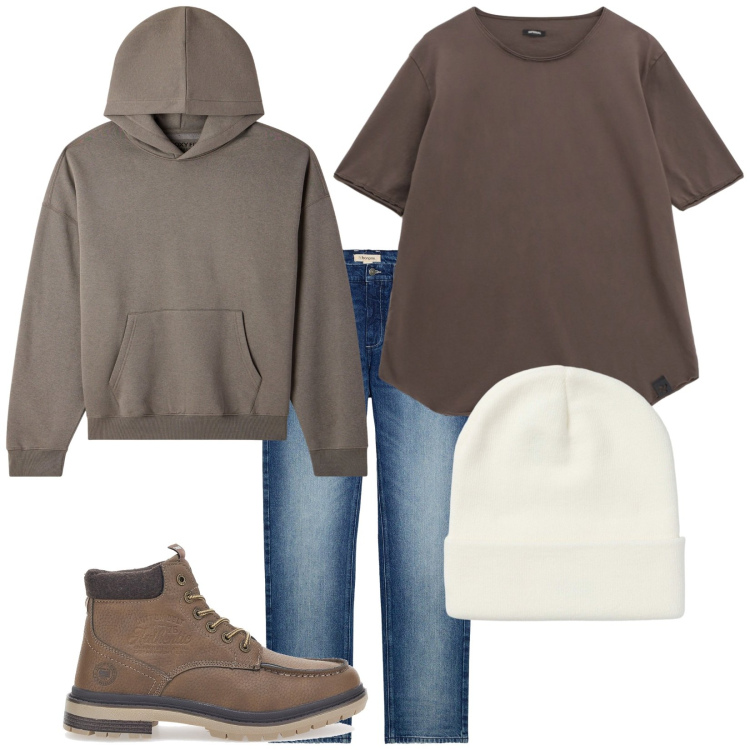 Outfit uomo - Cappuccino. Stile Urban per Tutti i giorni. Abbinamento con jeans dritti, berretti, felpe con cappuccio, t-shirt, stivali e stivaletti.