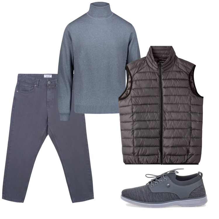 Outfit uomo - Lo smanicato. Stile Casual per Tutti i giorni. Abbinamento con jeans, piumini, scarpe stringate, maglieria.