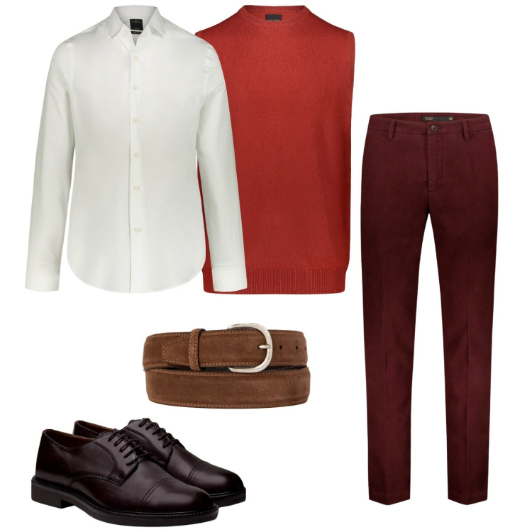 Outfit uomo - Red. Stile Casual per Tutti i giorni. Abbinamento con pantaloni, gilet, camicie, cinture, scarpe stringate.