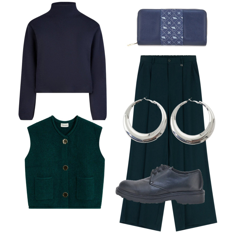 Outfit donna - Novembre 2025. Stile Basic per Tutti i giorni. Abbinamento con maglieria, pantaloni a palazzo, orecchini, scarpe stringate, portafogli, cardigans.