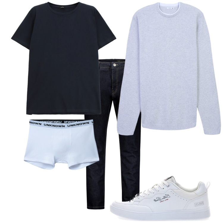 Outfit uomo - Total look #2280427. Stile Casual per Tutti i giorni. Abbinamento con boxer, maglieria, t-shirt, sneakers, jeans.