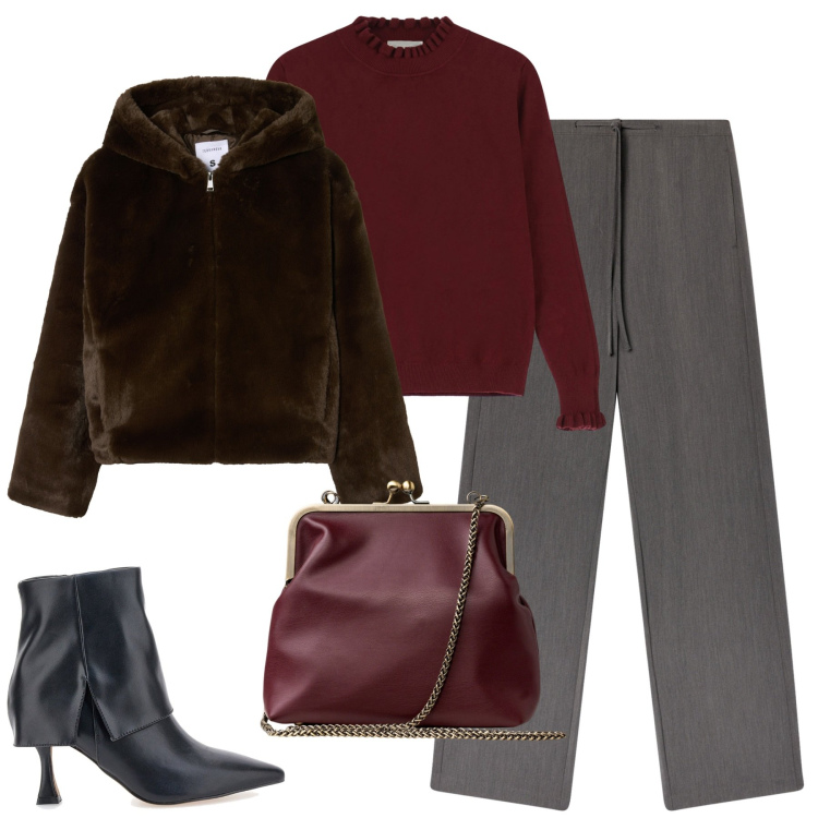 Outfit donna - Novembre. Stile Trendy per Tutti i giorni. Abbinamento con pantaloni, ecopellicce, maglieria, stivaletti, clutch.