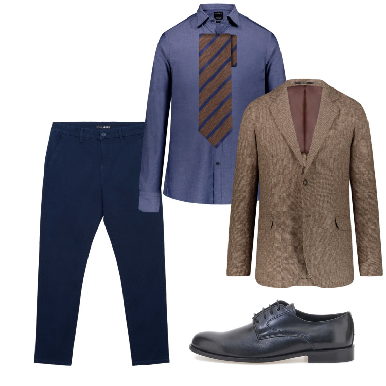 Outfit uomo - Spezzato blu e nocciola. Stile Business/Elegante per Ufficio. Abbinamento con pantaloni chino, scarpe stringate, cravatte, camicie, giacche.