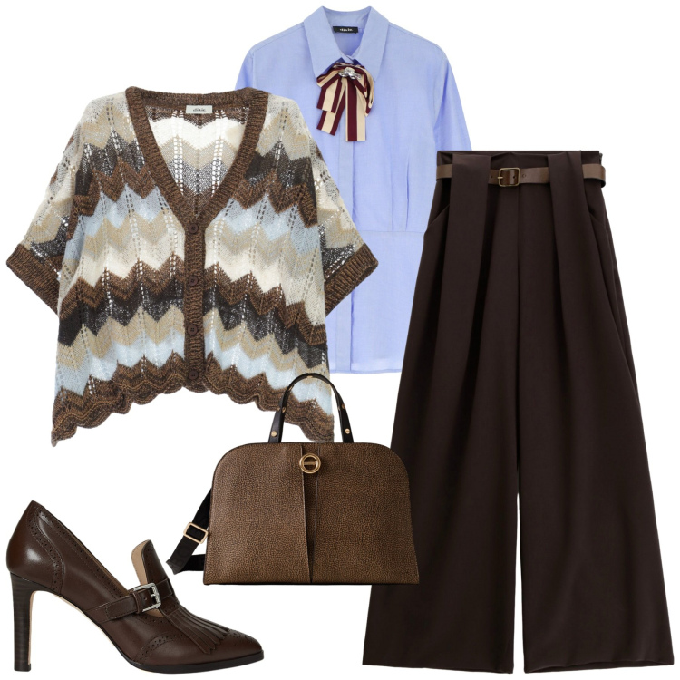 Outfit donna - City. Stile Urban per Tutti i giorni. Abbinamento con camicie, pantaloni a palazzo, cardigans, borse a mano, décolleté.