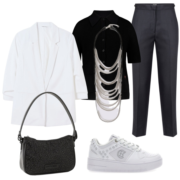 Outfit donna - Casual chic per il lavoro. Stile Casual chic per Ufficio. Abbinamento con borse a mano, blazer, collane, pantaloni, sneakers, cardigans.