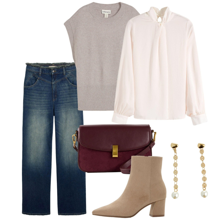 Outfit donna - bonprix - SINGLES\' DAY. Stile Bon Ton per Tutti i giorni. Abbinamento con jeans dritti, maglieria, bluse, borse a mano, stivaletti, orecchini.