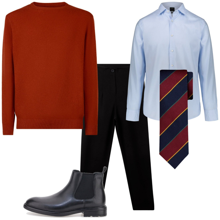 Outfit uomo - Cravatta e maglione. Stile Business/Elegante per Ufficio. Abbinamento con pantaloni chino, maglieria, stivali e stivaletti, camicie, cravatte.
