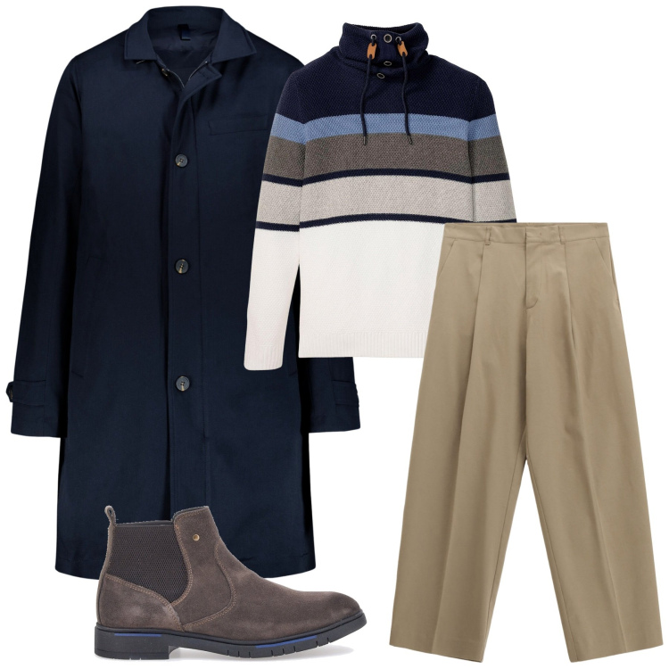 Outfit uomo - Il capotto lungo. Stile Casual per Ufficio. Abbinamento con maglieria, pantaloni, stivali e stivaletti, trench.