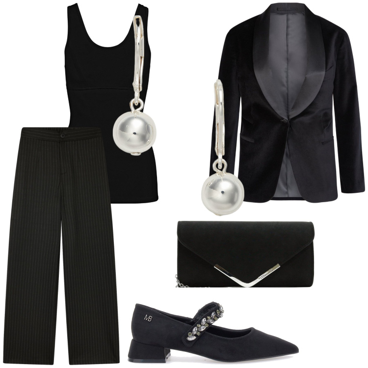 Outfit donna - Smoking e perle. Stile Chic per Serata fuori. Abbinamento con top, pochette, pantaloni, orecchini, blazer, décolleté.