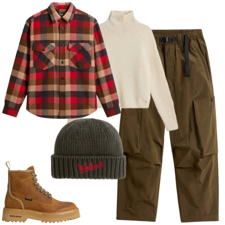 Outfit donna - Overshirt woolrich. Stile Glamour per Tutti i giorni. Abbinamento con maglieria, anfibi, pantaloni cargo, berretti, cappotti.