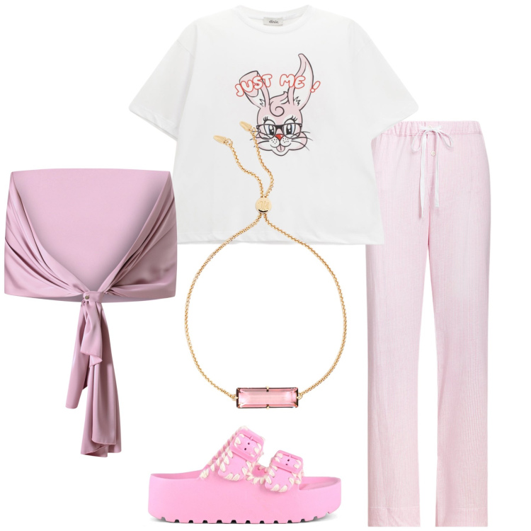Outfit donna - In casa teneramente. Stile Romantica per Tutti i giorni. Abbinamento con scialli, t-shirt, pantaloni, braccialetti, ciabatte.