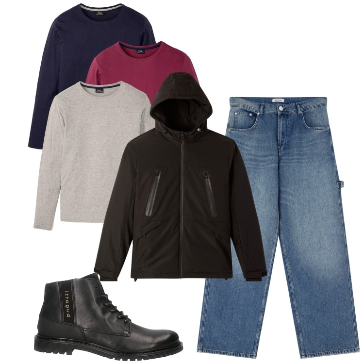 Outfit uomo - Tris di tshirt. Stile Casual per Tutti i giorni. Abbinamento con maglieria, giacche, jeans, stivali e stivaletti.