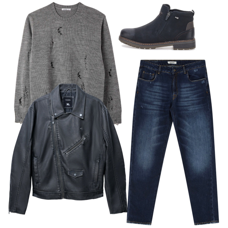 Outfit uomo - Tocco grunge. Stile Biker Rock per Serata speciale. Abbinamento con giacche, maglieria, jeans dritti, stivali e stivaletti.