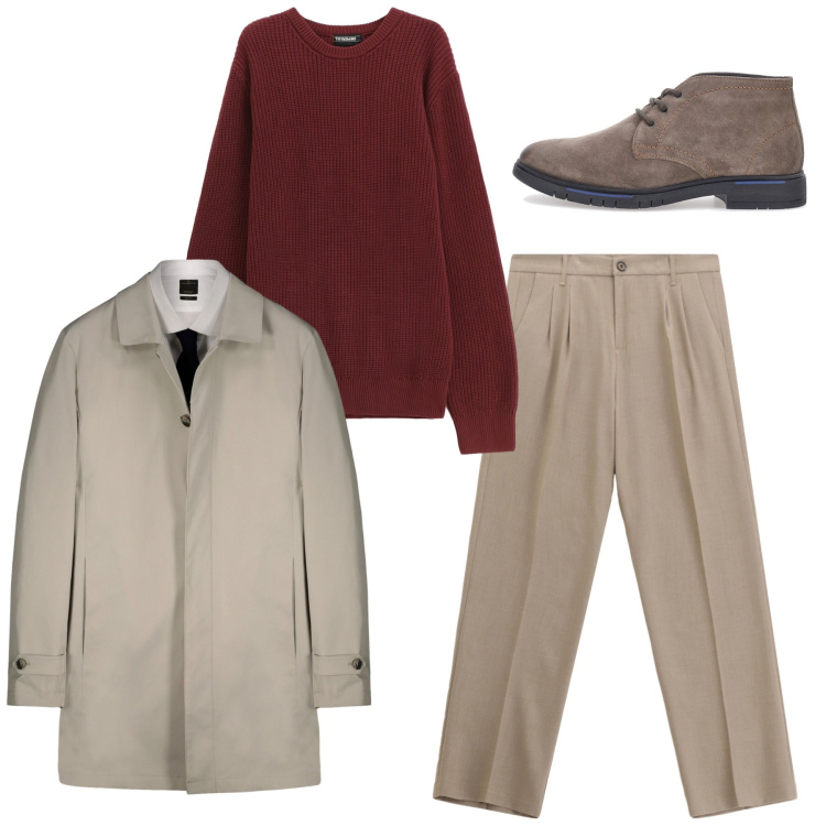 Outfit uomo - City. Stile Casual per Tutti i giorni. Abbinamento con pantaloni, maglieria, scarpe stringate, trench.