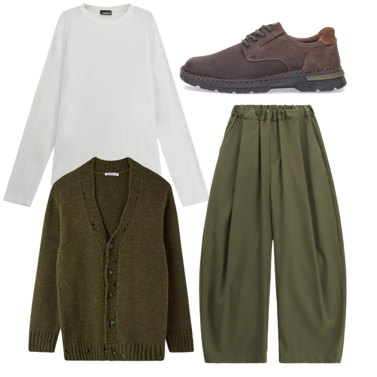 Outfit uomo - Total look. Stile Trendy per Tutti i giorni. Abbinamento con cardigans, pantaloni, maglieria, scarpe stringate.