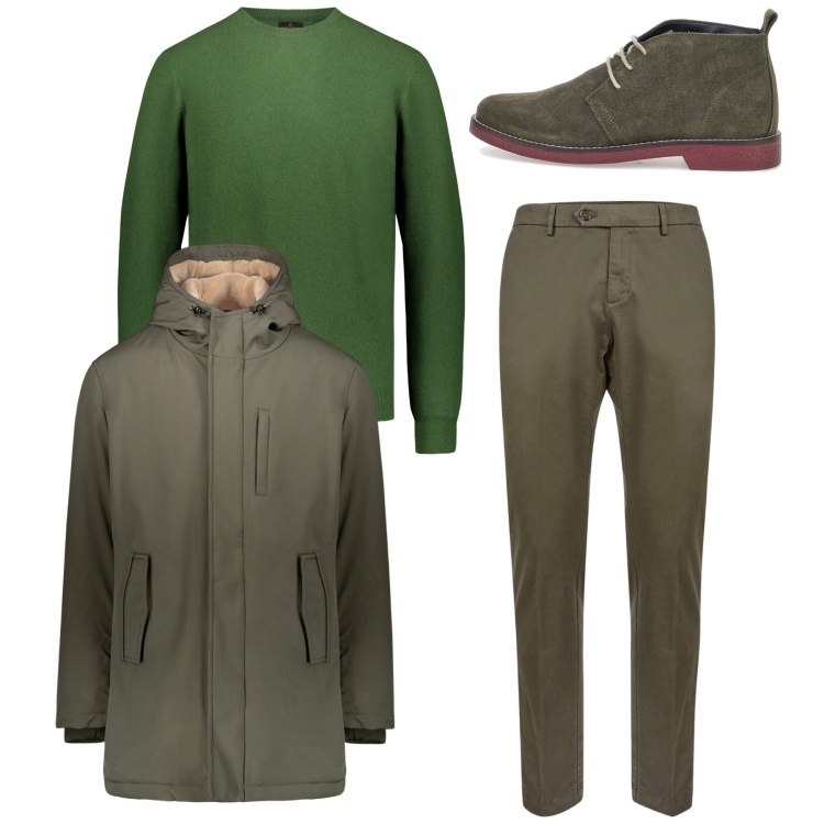 Outfit uomo - Freddo in arrivo. Stile Casual per Tutti i giorni. Abbinamento con stivali e stivaletti, maglieria, pantaloni chino, eskimo.