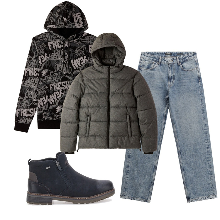 Outfit uomo - Doppio cappuccio. Stile Urban per Tutti i giorni. Abbinamento con felpe con cappuccio, bomber, jeans dritti, stivali e stivaletti.