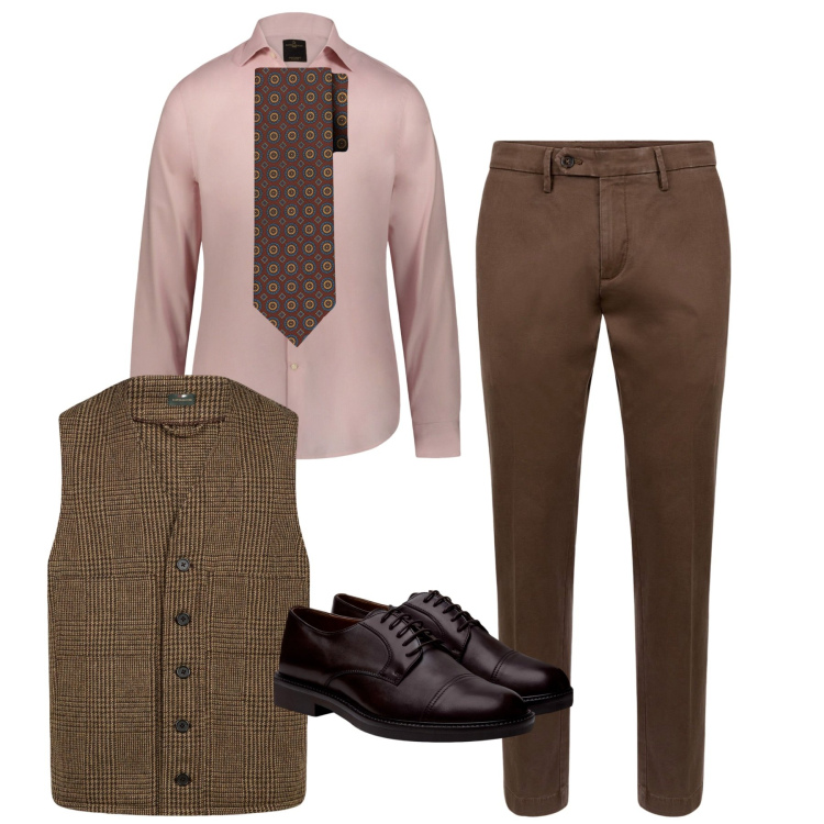 Outfit uomo - I toni del blush. Stile Trendy per Serata speciale. Abbinamento con pantaloni chino, gilet, scarpe stringate, camicie, cravatte.