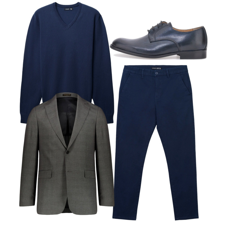 Outfit uomo - Blu profondo. Stile Casual per Tutti i giorni. Abbinamento con maglieria, pantaloni chino, scarpe stringate, abiti.