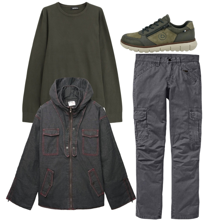 Outfit uomo - Giacca a vento. Stile Urban per Tutti i giorni. Abbinamento con pantaloni cargo, giacche, maglieria, sneakers.