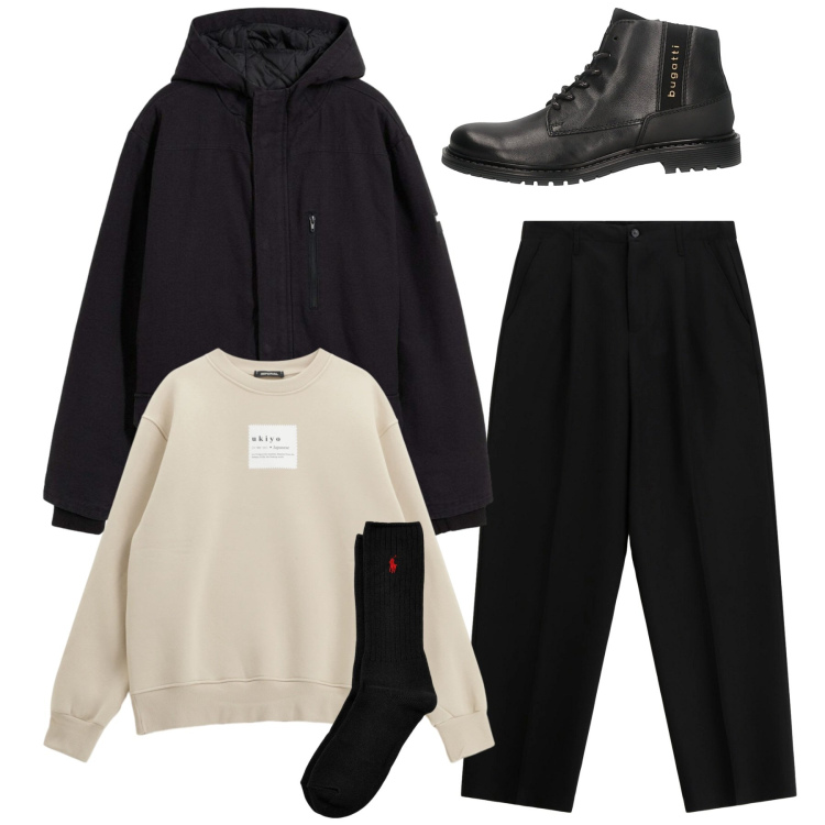 Outfit uomo - Il piumino caldissimo. Stile Casual per Tutti i giorni. Abbinamento con piumini, pantaloni, felpe, calzini, stivali e stivaletti.