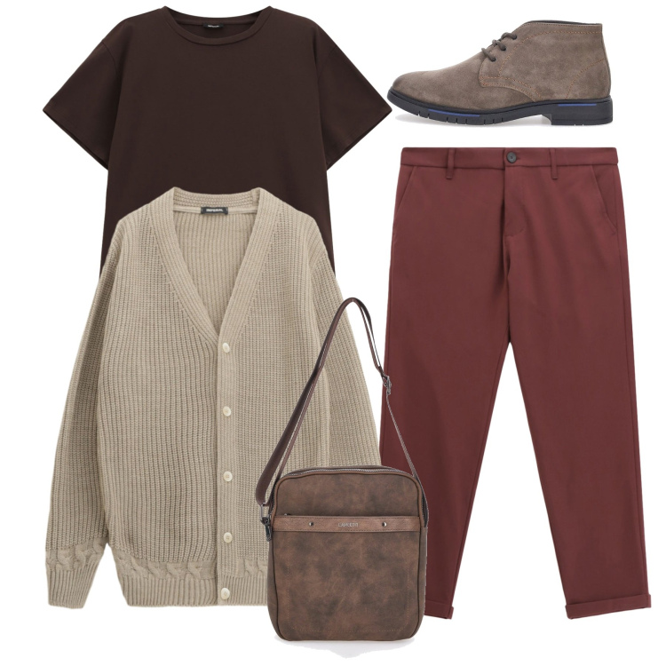 Outfit uomo - Perfetto. Stile Casual per Tutti i giorni. Abbinamento con pantaloni, cardigans, t-shirt, portafogli, scarpe stringate.
