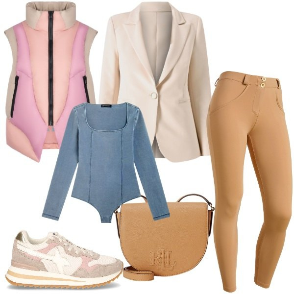 Outfit donna - Black Friday Chic. Stile Chic per Tutti i giorni. Abbinamento con blazer, pantaloni skinny, body, borse a tracolla, piumini, sneakers.