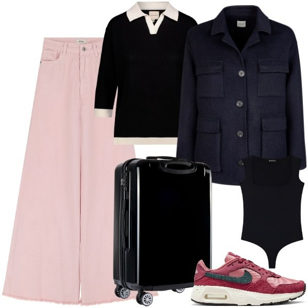 Outfit donna - Black Friday Chic. Stile Sporty chic per Tutti i giorni. Abbinamento con body, valigie, pantaloni, sneakers, polo, cappotti.