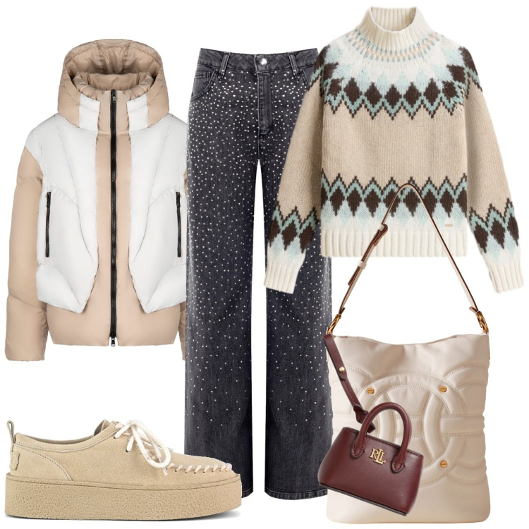 Outfit donna - Luxury outfit. Stile Casual chic per Tutti i giorni. Abbinamento con jeans, borse a secchiello, ciondoli, piumini, maglieria, mocassini.