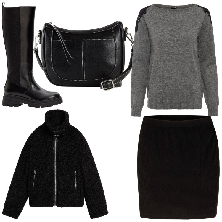 Outfit donna - Grintosa in nero. Stile Trendy per Tutti i giorni. Abbinamento con maglieria, stivali, ecopellicce, minigonne, borse a tracolla.