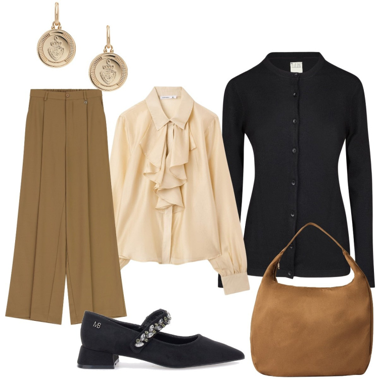 Outfit donna - Cerimonia pomeridiana. Stile Chic per Cerimonia. Abbinamento con camicie, borse a mano, pantaloni a palazzo, orecchini, cardigans, décolleté.